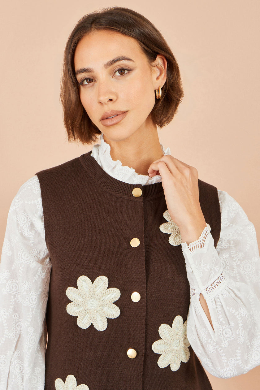Yumi Brown Flower Applique Knit Waistcoat