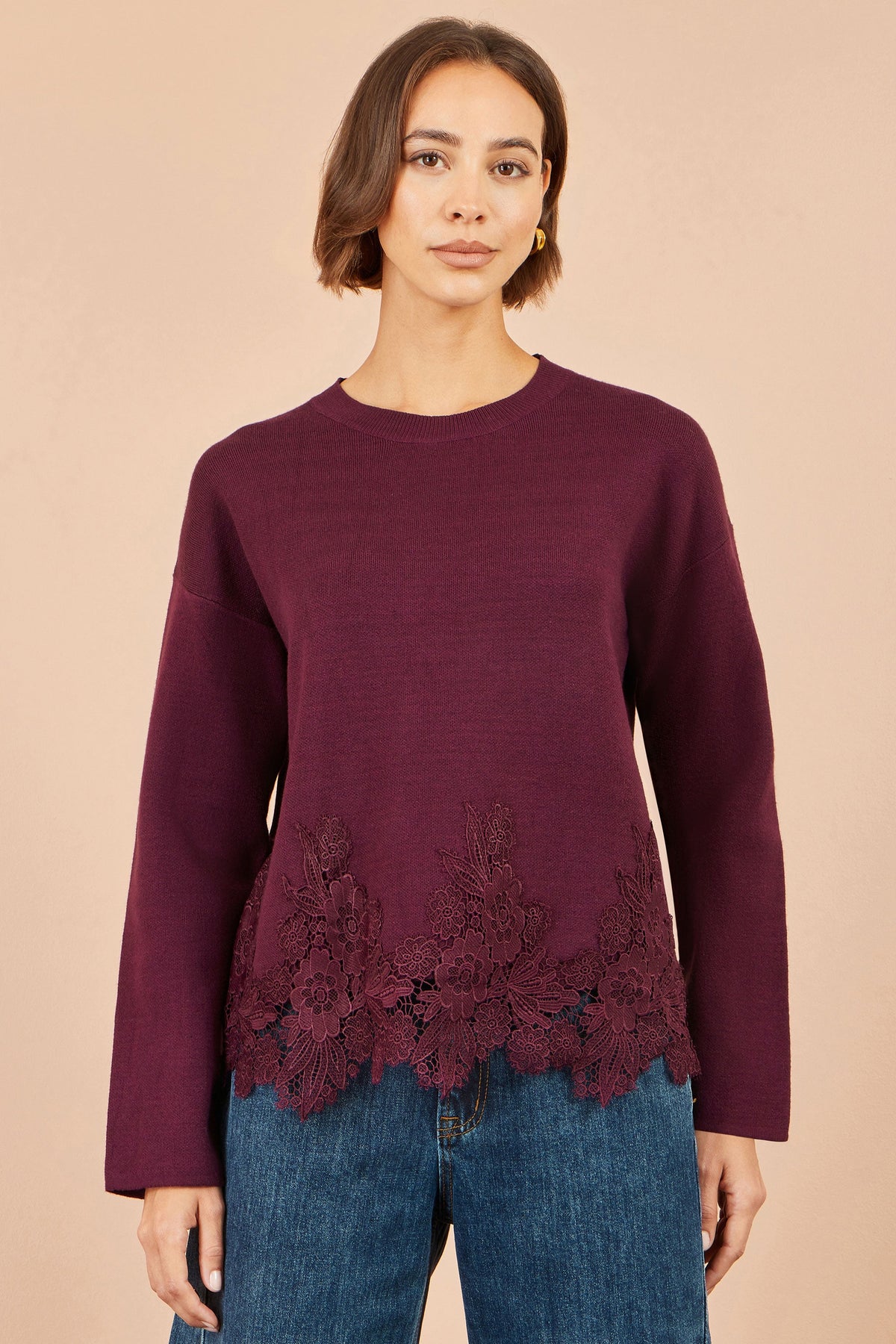 Yumi Burgundy Viscose Relaxed Jumper With Lace Trim