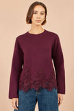 Yumi Burgundy Viscose Relaxed Jumper With Lace Trim