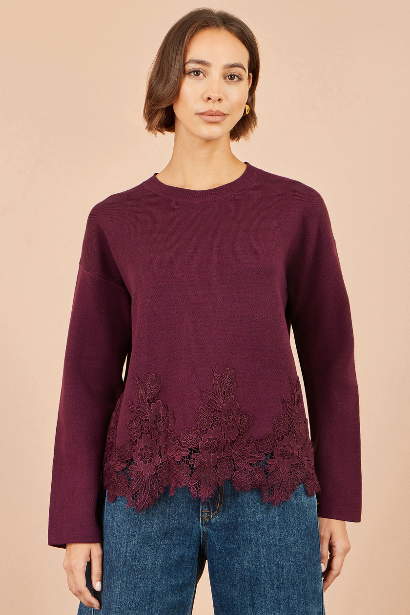 Yumi Burgundy Viscose Relaxed Jumper With Lace Trim
