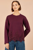 Yumi Burgundy Viscose Relaxed Jumper With Lace Trim