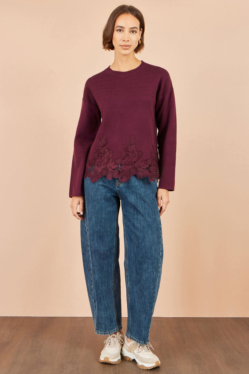 Yumi Burgundy Viscose Relaxed Jumper With Lace Trim