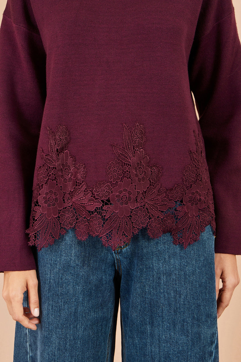 Yumi Burgundy Viscose Relaxed Jumper With Lace Trim