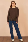 Yumi Brown Viscose Relaxed Jumper With Lace Trim