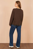 Yumi Brown Viscose Relaxed Jumper With Lace Trim