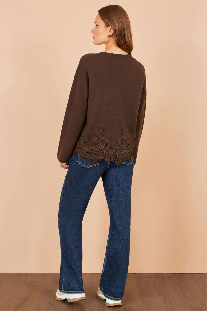 Yumi Brown Viscose Relaxed Jumper With Lace Trim
