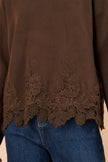 Yumi Brown Viscose Relaxed Jumper With Lace Trim
