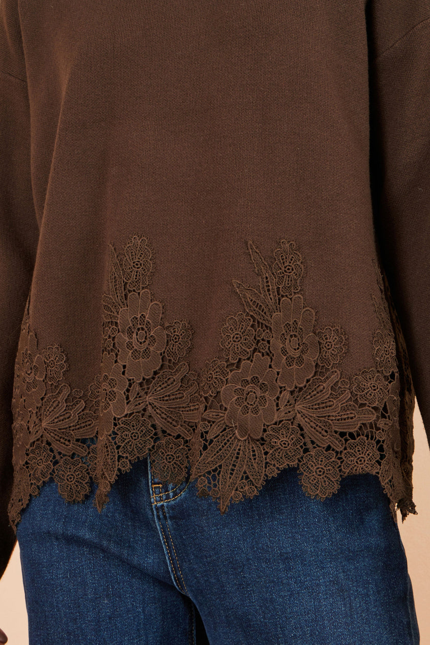 Yumi Brown Viscose Relaxed Jumper With Lace Trim