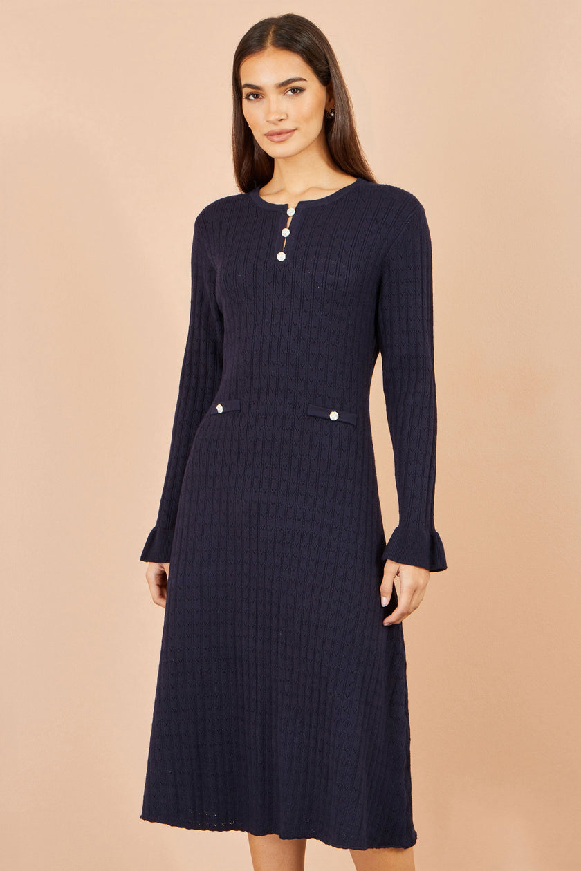 Abito midi in maglia di viscosa blu navy Yumi con bottoni