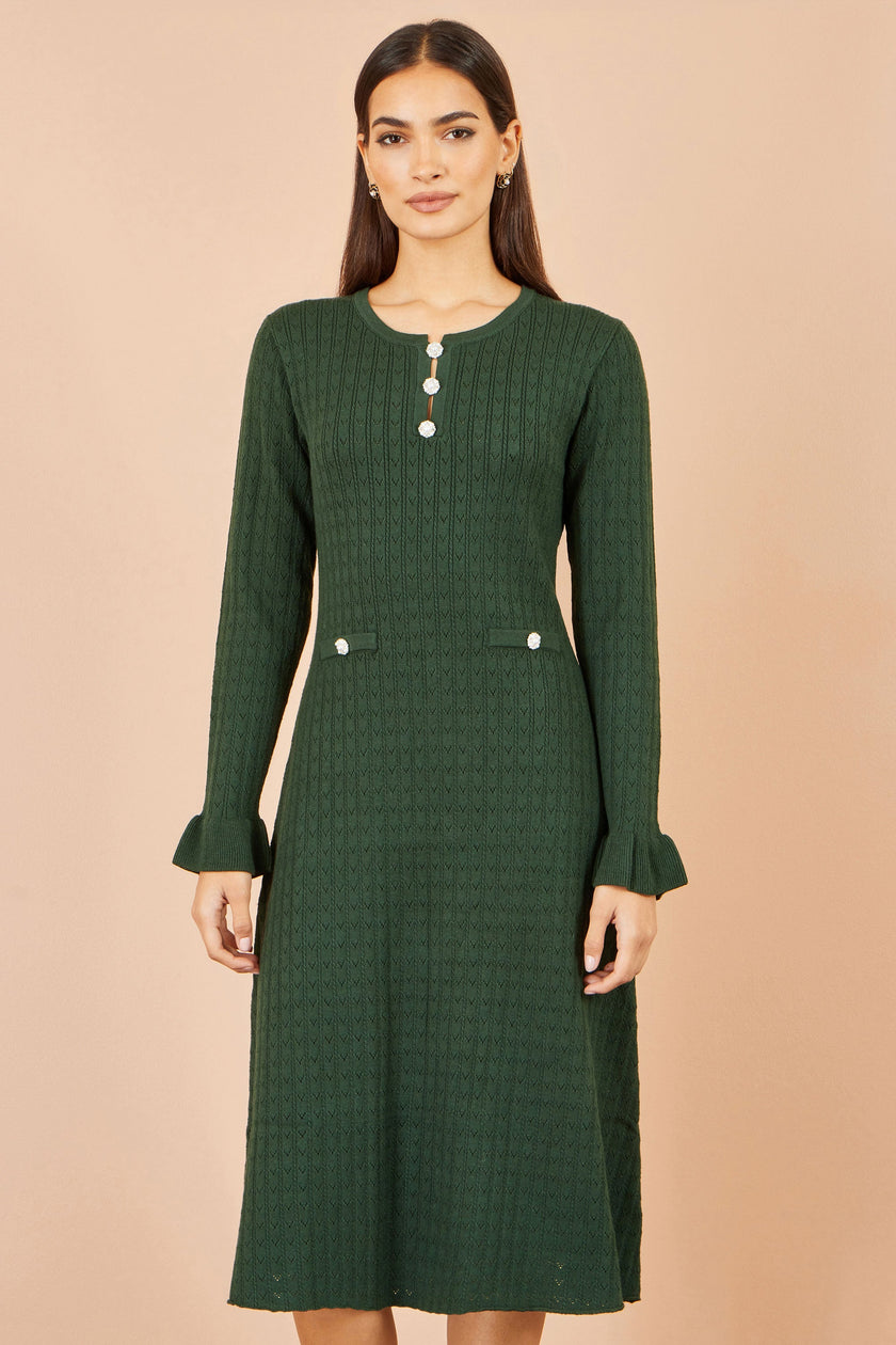 Yumi Green Viscose Knitted Midi Dress With Buttons
