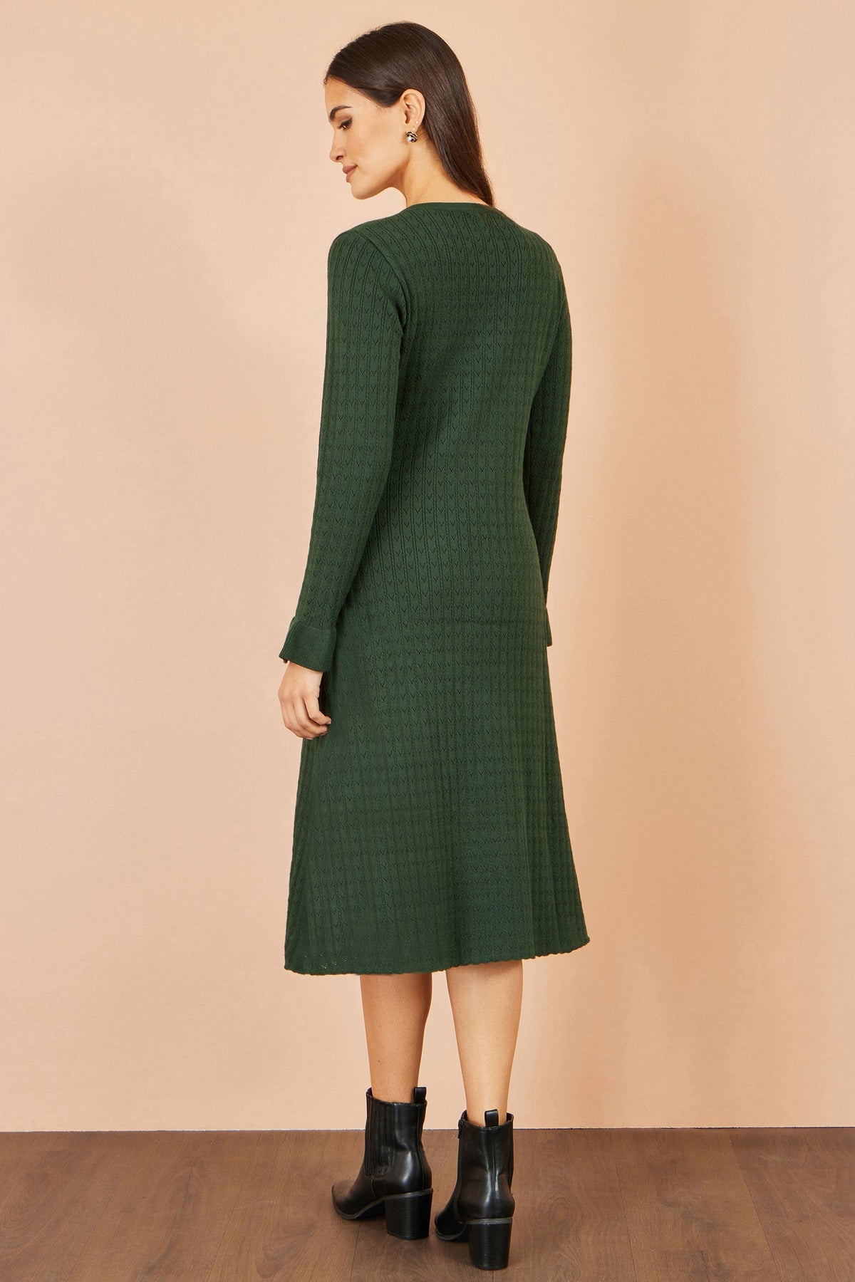 Yumi Green Viscose Knitted Midi Dress With Buttons