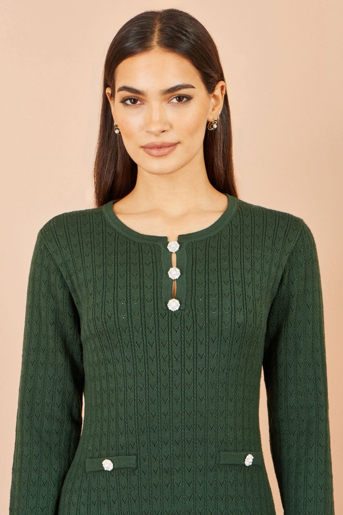 Yumi Green Viscose Knitted Midi Dress With Buttons