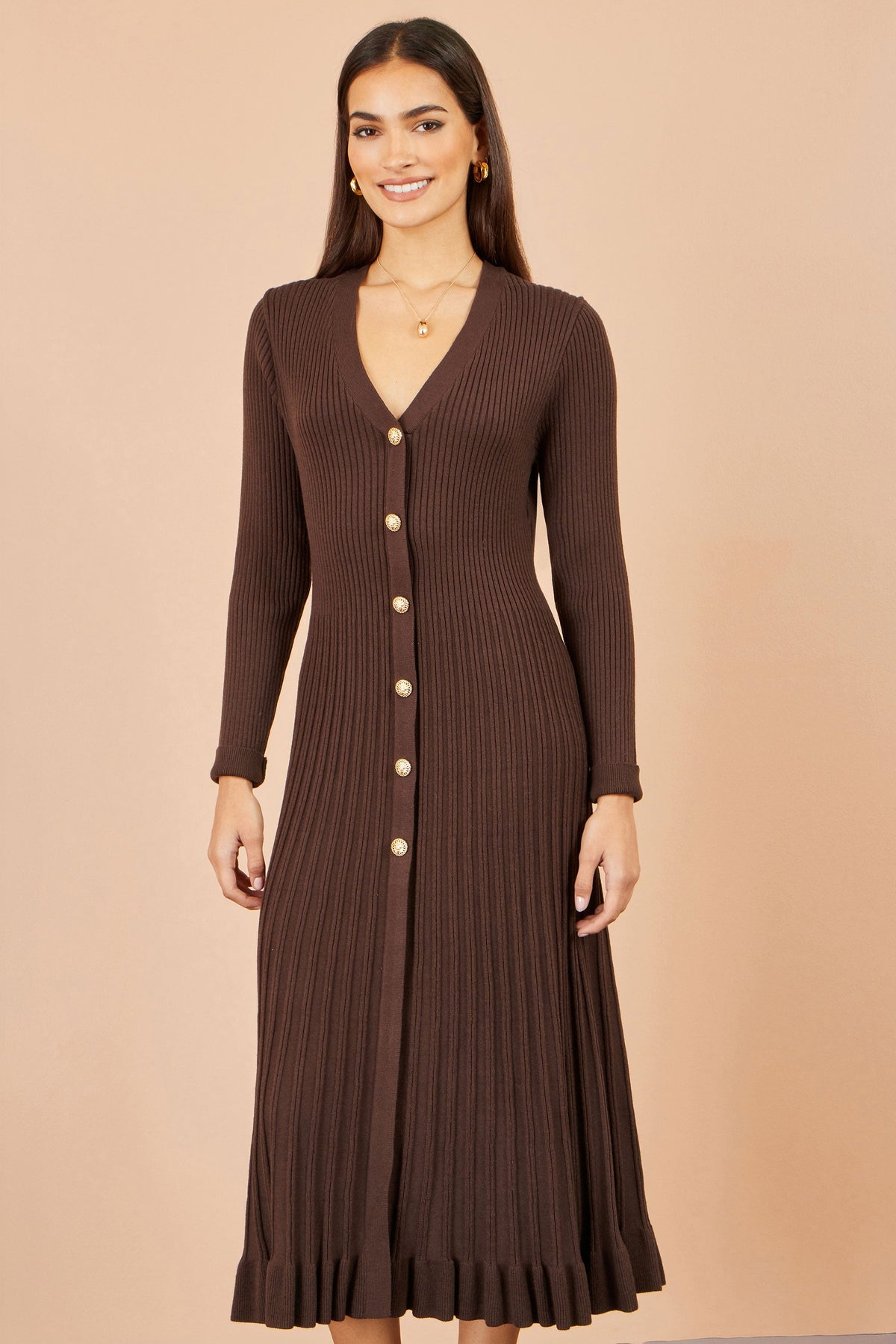 Yumi Brown Viscose Knitted Midi Ribbed Dress