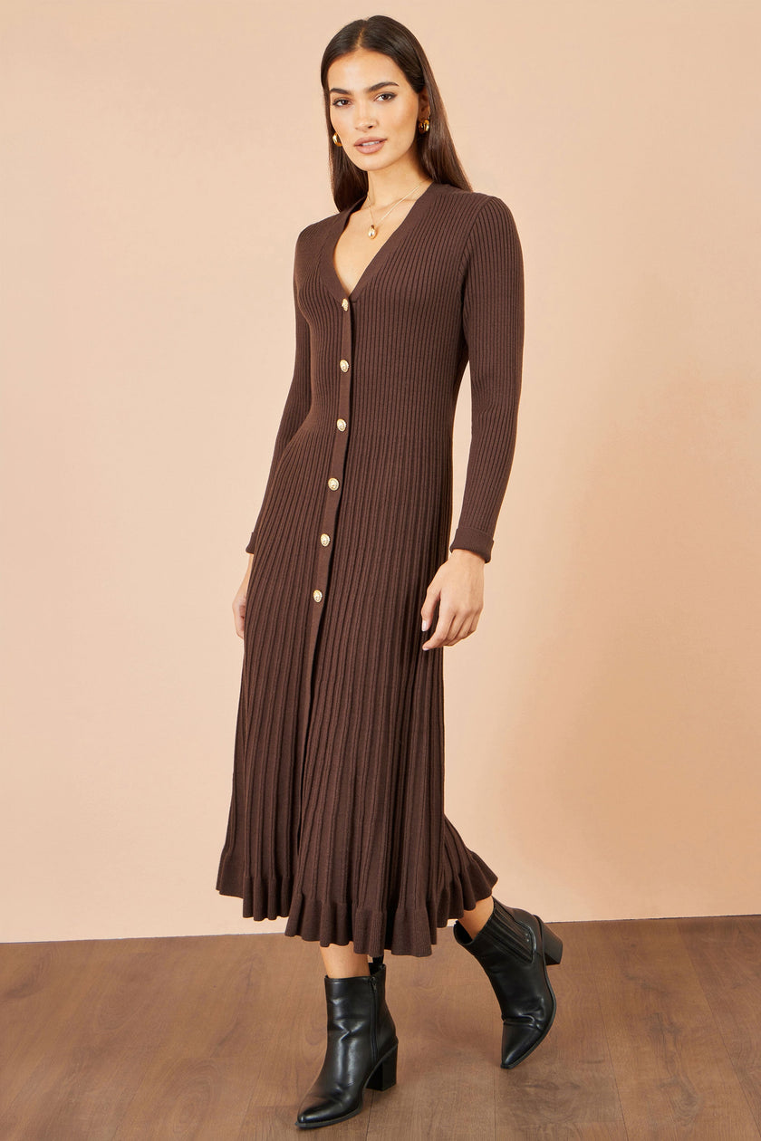 Yumi Brown Viscose Knitted Midi Ribbed Dress