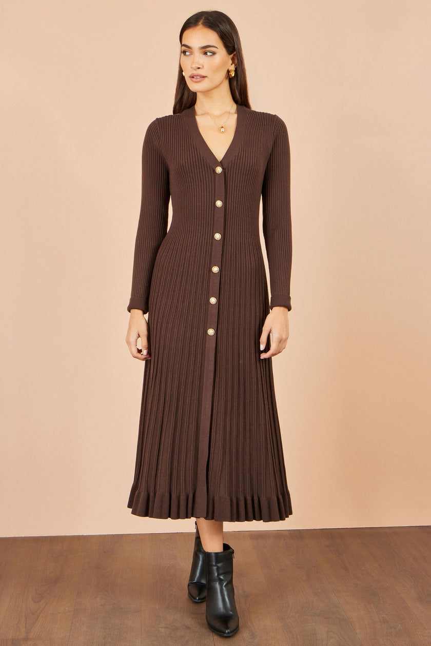 Yumi Brown Viscose Knitted Midi Ribbed Dress
