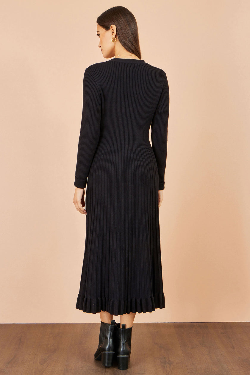 Yumi Black Viscose Knitted Midi Ribbed Dress