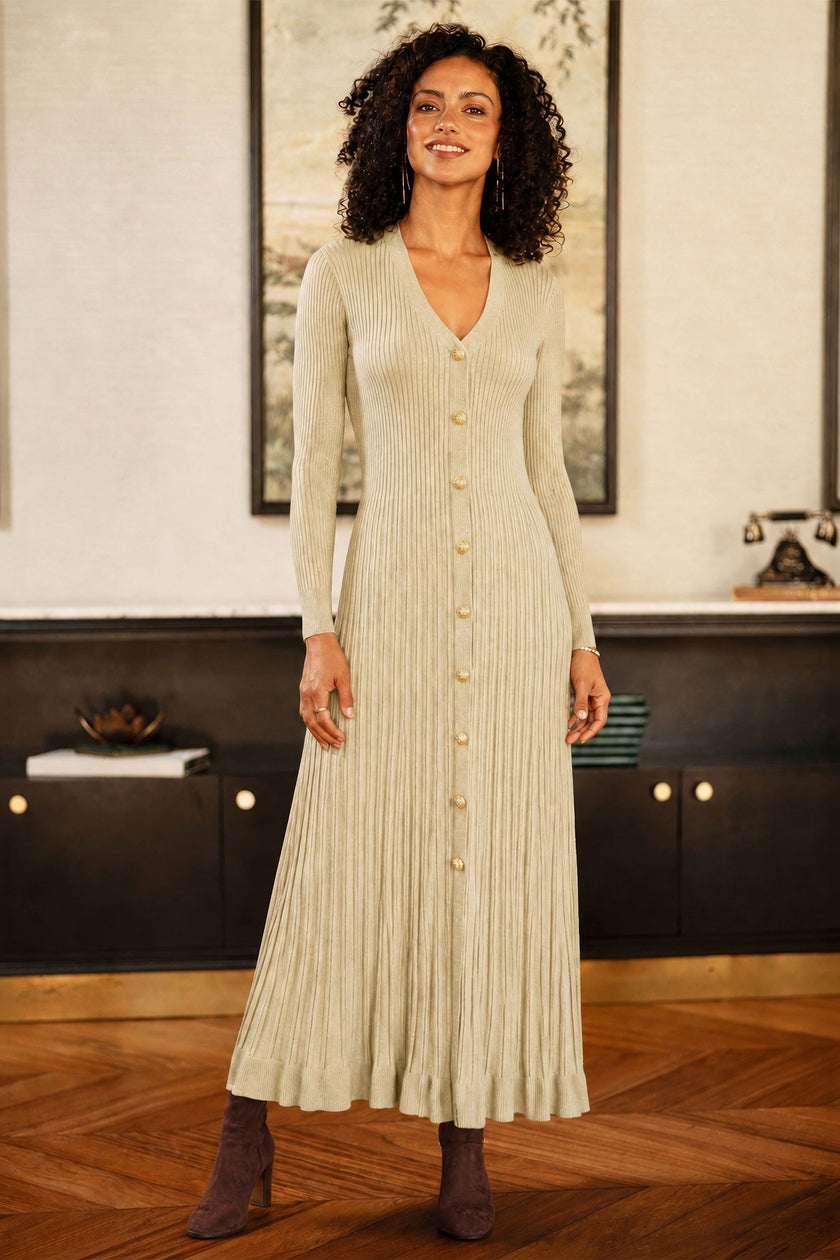 Robe midi en maille côtelée beige Yumi en viscose