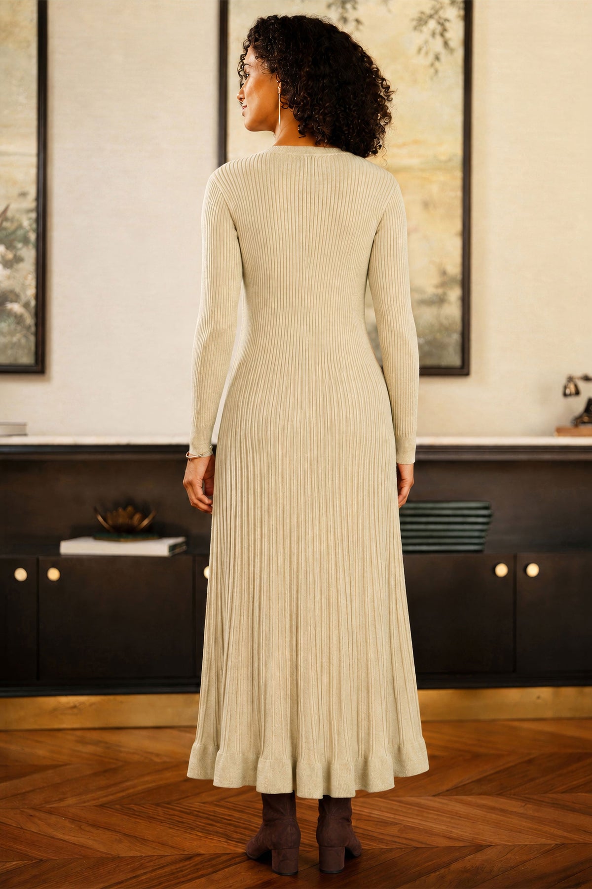 Robe midi en maille côtelée beige Yumi en viscose