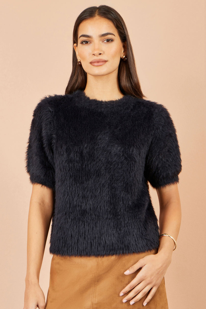Yumi Black Fluffy Short Sleeve Jumper