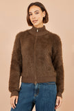 Yumi Brown Eyelash Zip Knitted Jacket