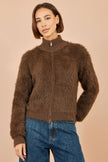 Yumi Brown Eyelash Zip Knitted Jacket