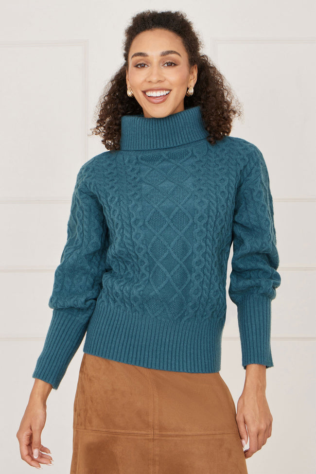 Yumi Teal Cable Knit Roll Neck Jumper