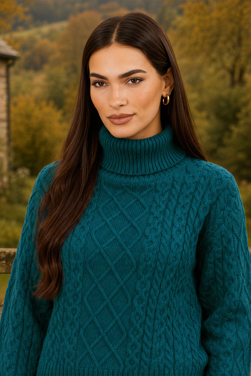 Yumi Teal Cable Knit Roll Neck Jumper