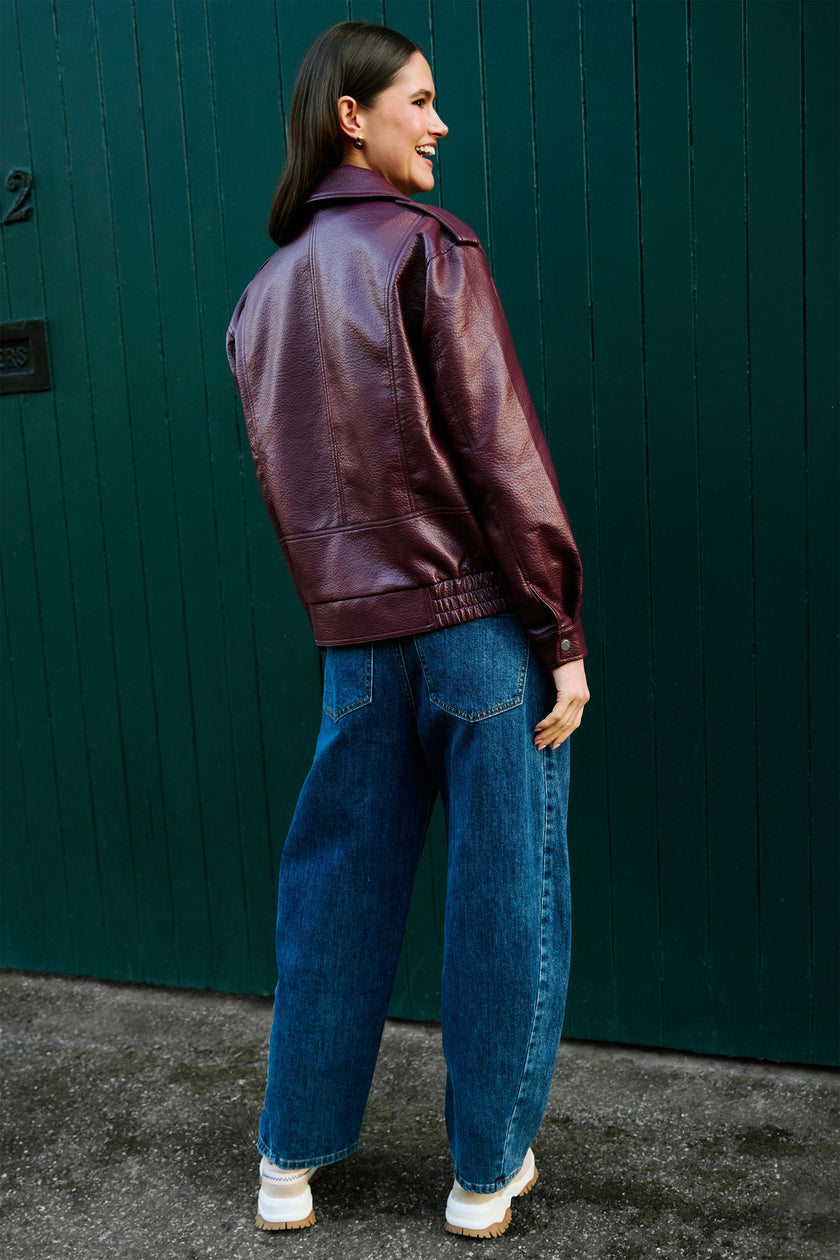 Yumi Burgundy Faux Leather Bomber Jacket