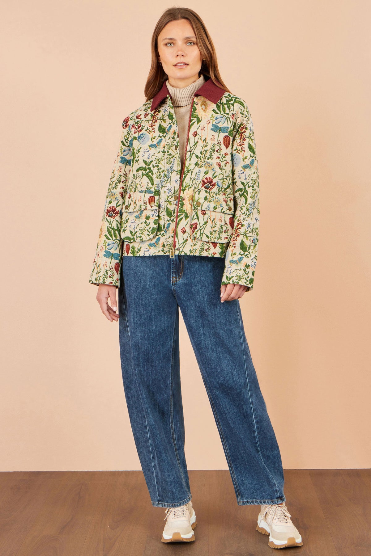 Yumi Ivory Botanical Woven Bomber Jacket
