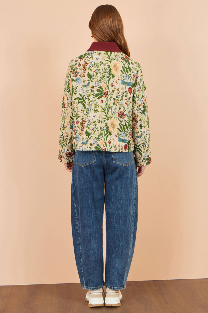 Yumi Ivory Botanical Woven Bomber Jacket