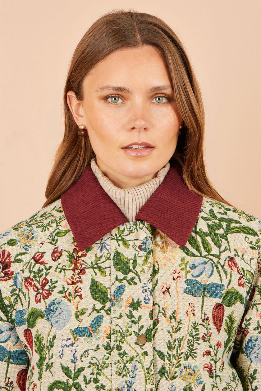 Yumi Ivory Botanical Woven Bomber Jacket