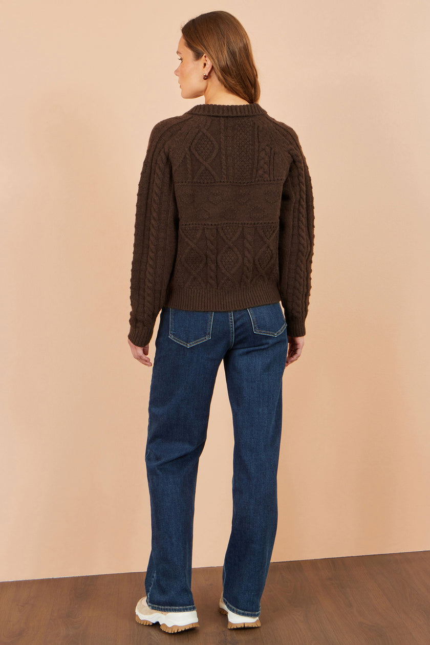 Yumi Brown Cable Knit Boxy Jacket