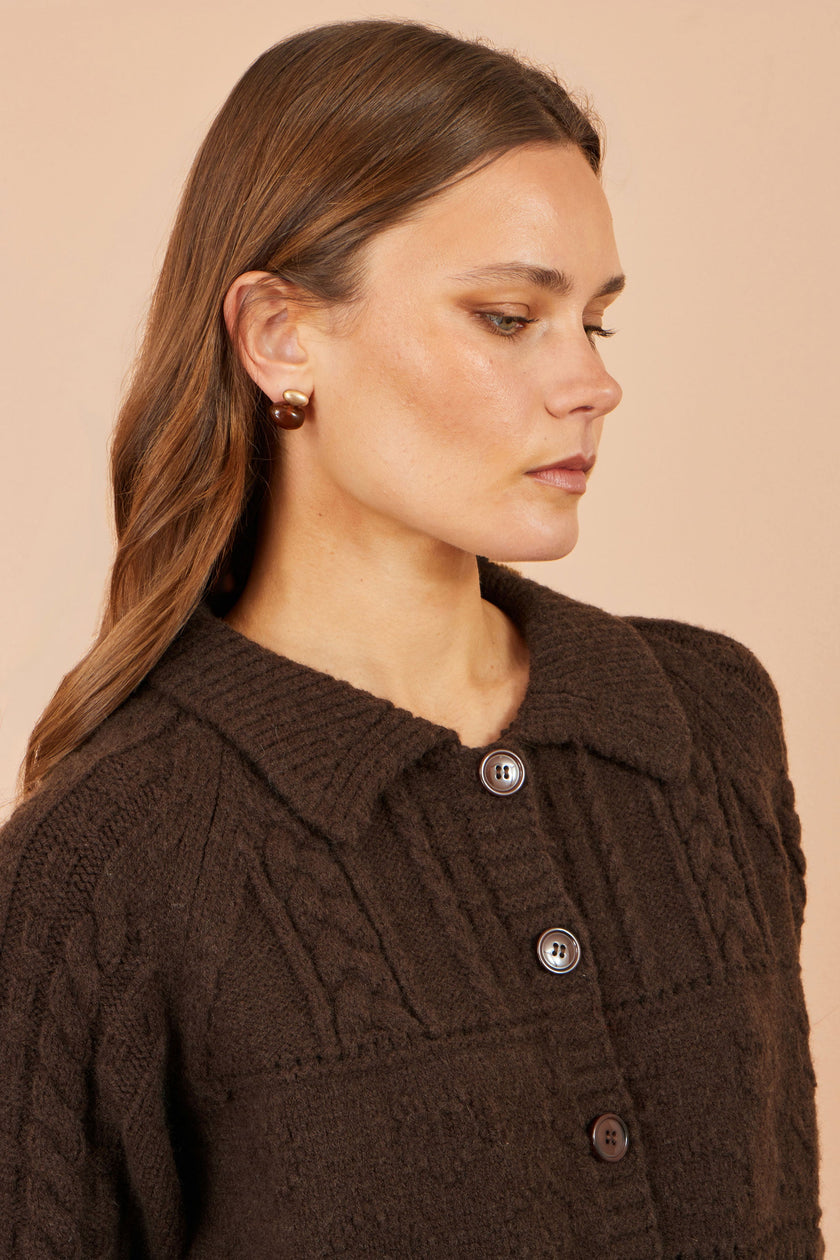Yumi Brown Cable Knit Boxy Jacket