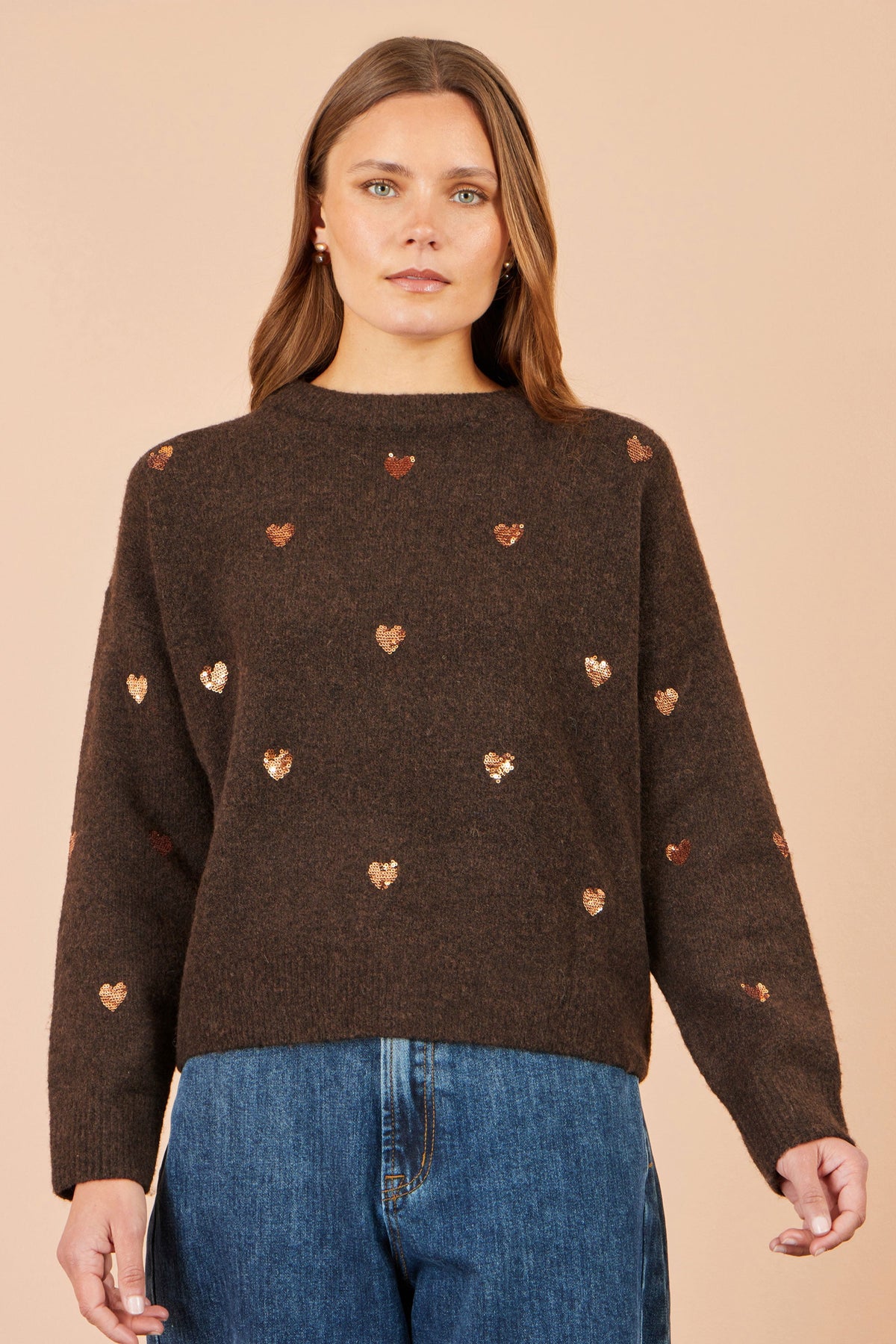 Yumi Brown Sequin Heart Relaxed Jumper