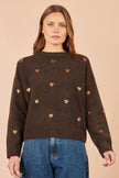 Yumi Brown Sequin Heart Relaxed Jumper