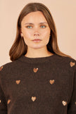 Yumi Brown Sequin Heart Relaxed Jumper