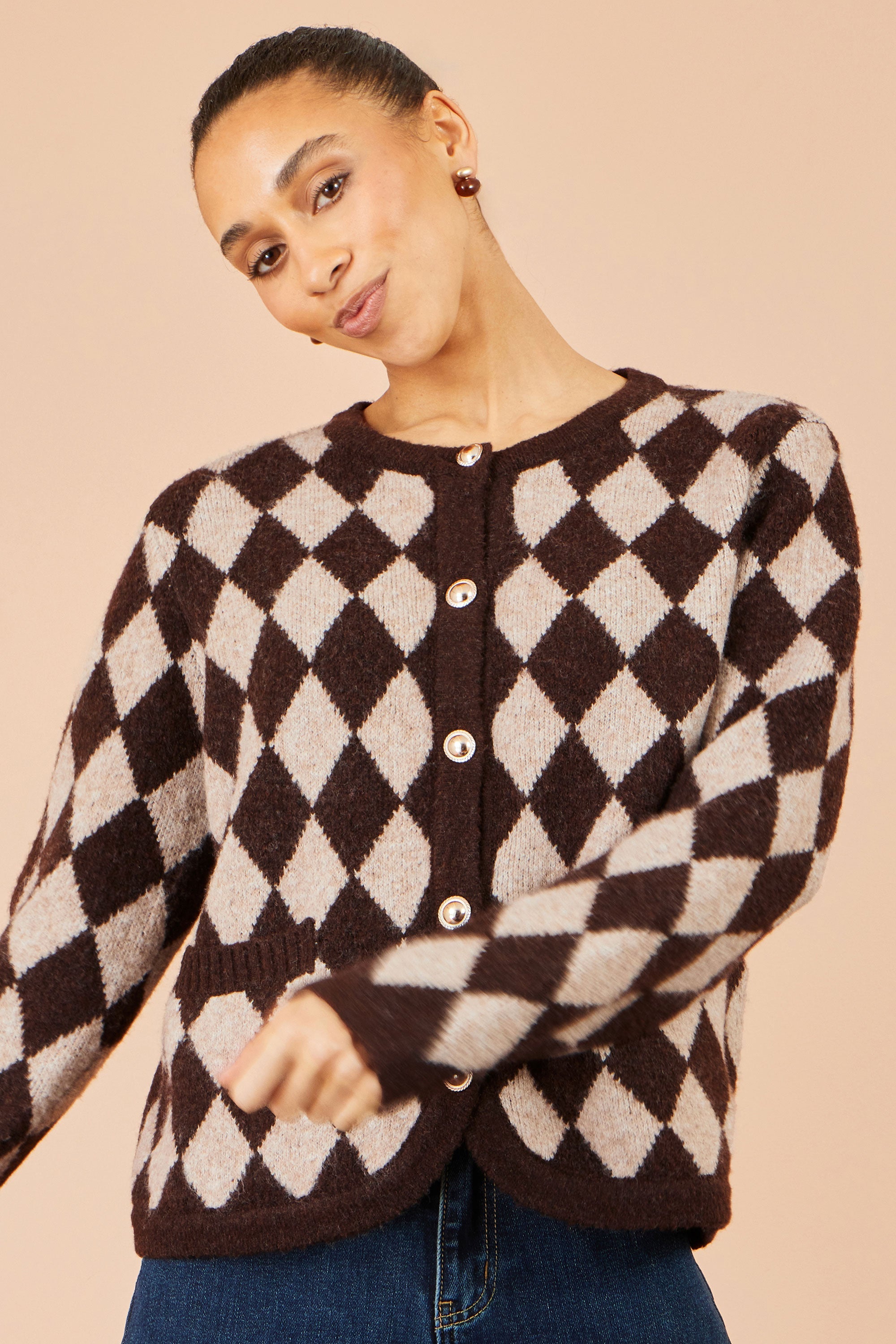 Yumi Brown Argyll Knit Cardigan