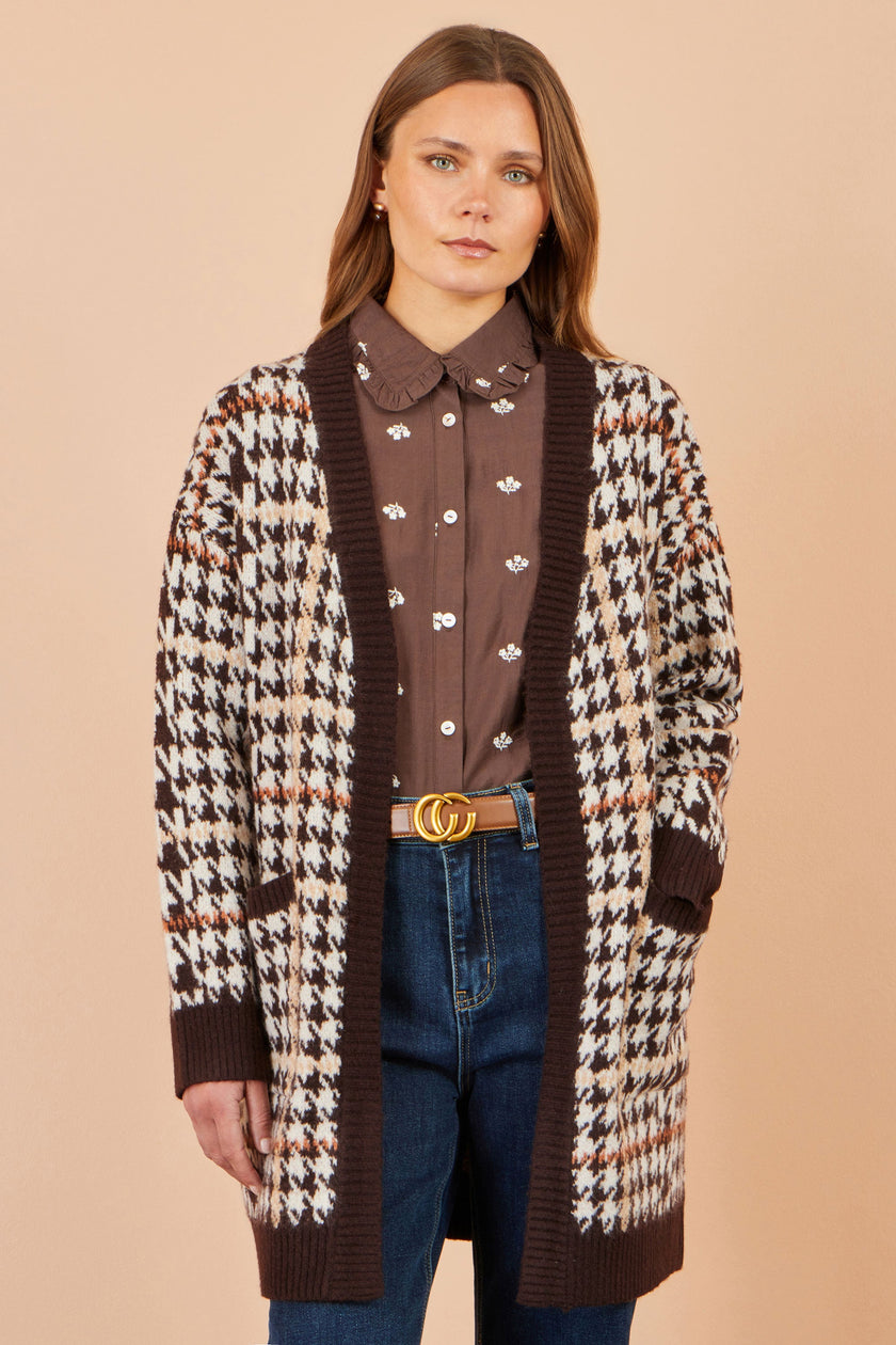 Yumi Brown Knitted Check Long Cardigan