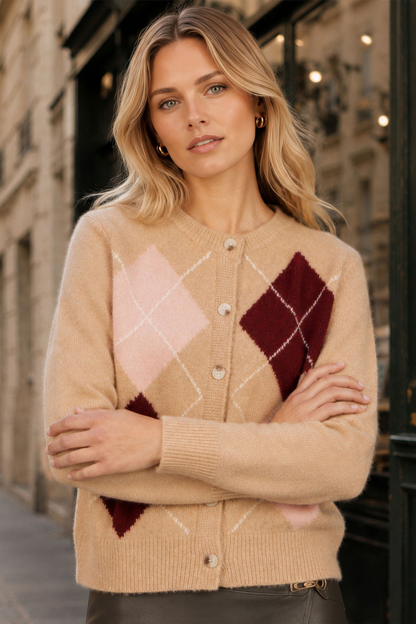 Yumi Beige Argyll Gebreid Vest