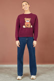 Yumi – Entspannter Pullover in Burgunderrot mit Teddybären-Motiv