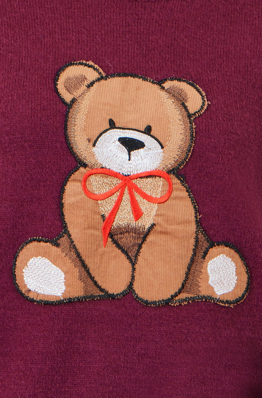 Yumi – Entspannter Pullover in Burgunderrot mit Teddybären-Motiv
