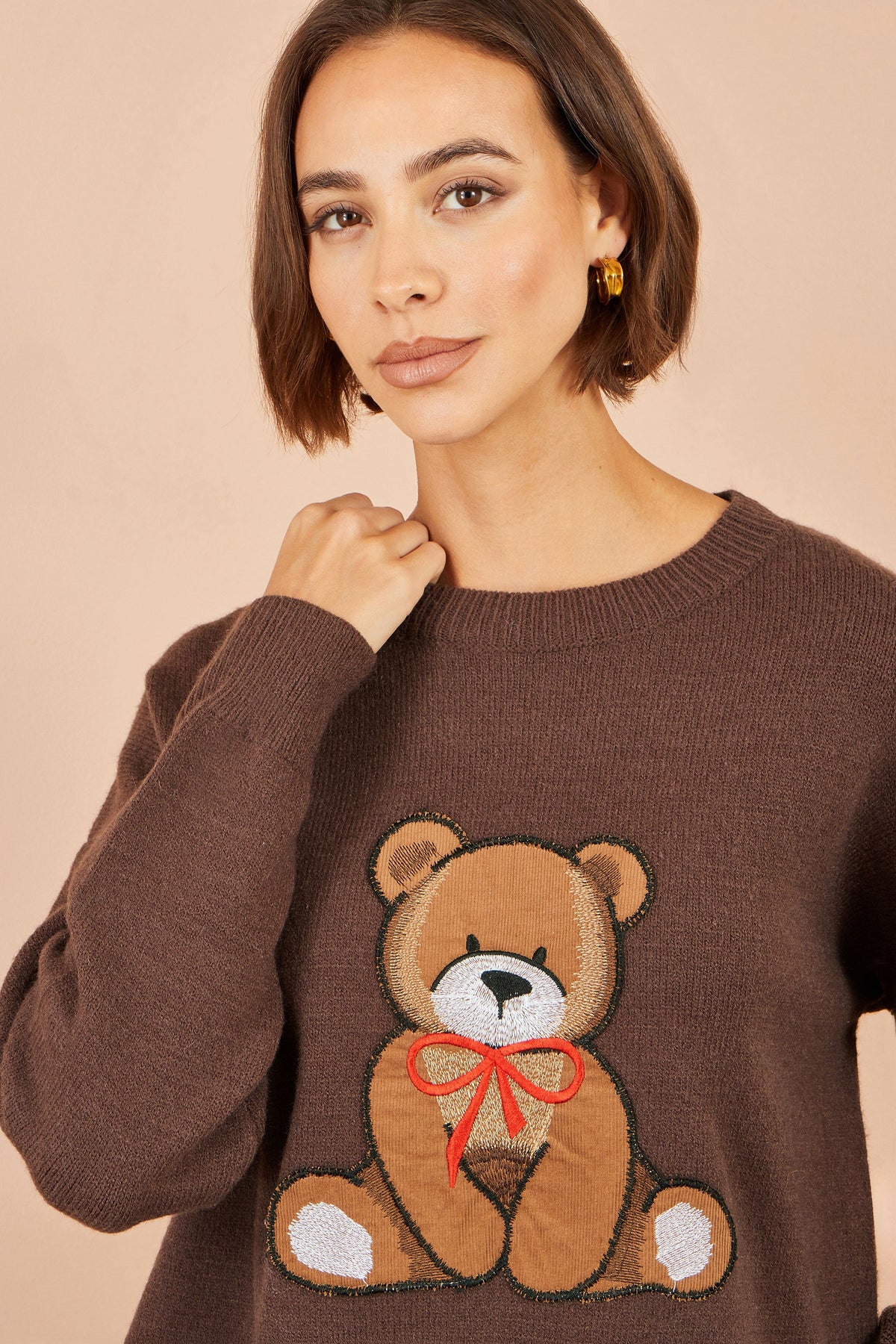 Yumi Brown Teddy Bear Relaxed Trui