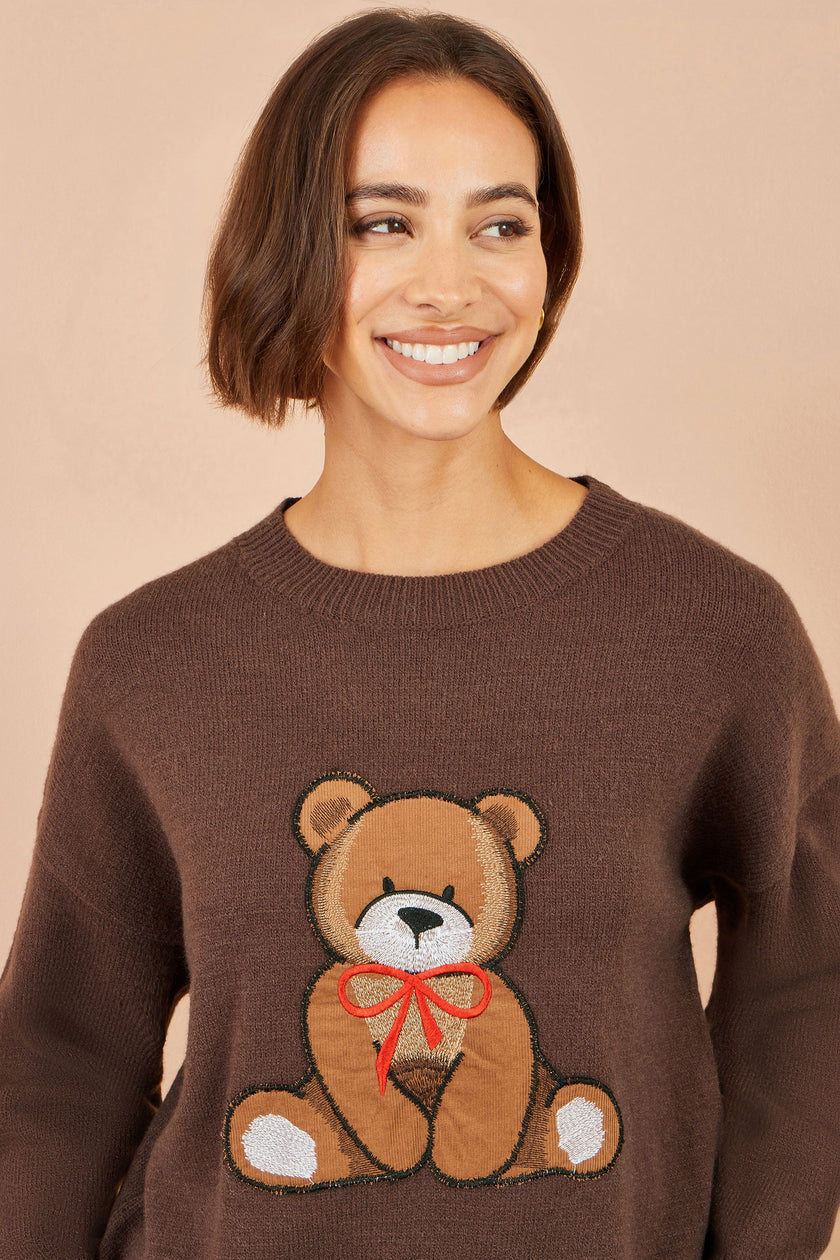 Yumi Brown Teddy Bear Relaxed Trui