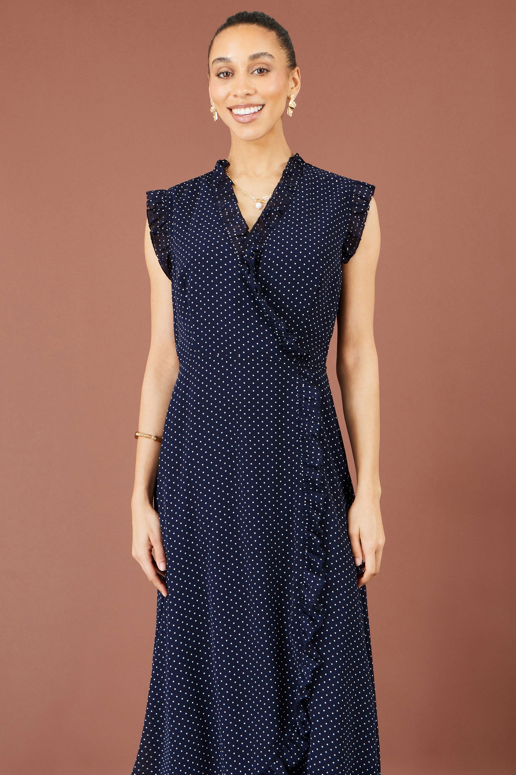 Yumi Navy Polka Dot Midi Wrap Frill Dress