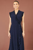 Yumi Navy Polka Dot Midi Wrap Frill Dress