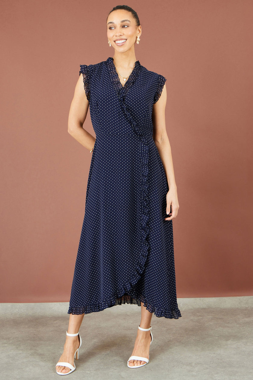 Yumi Navy Polka Dot Midi Wrap Frill Dress
