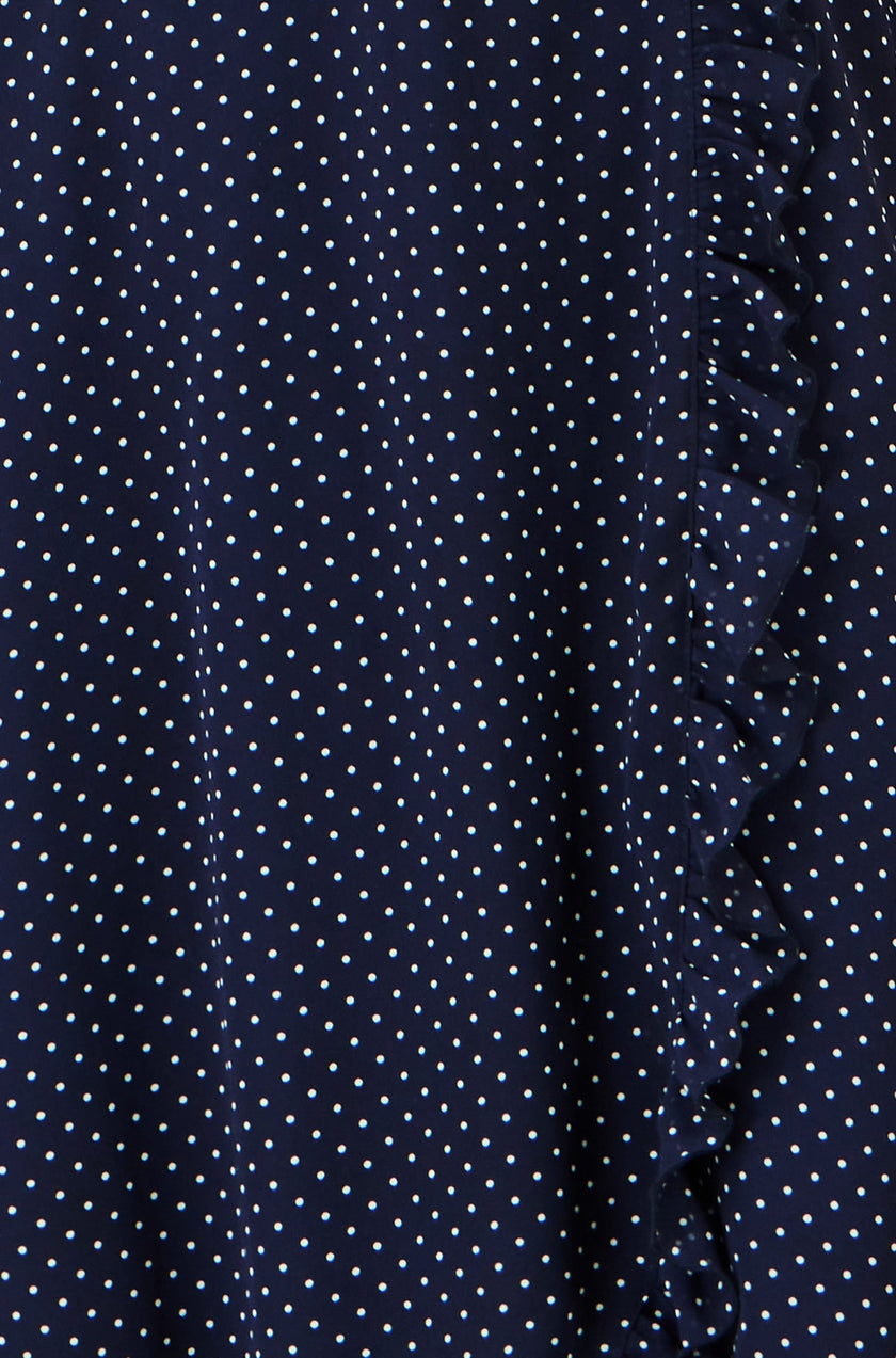 Yumi Navy Polka Dot Midi Wrap Frill Dress