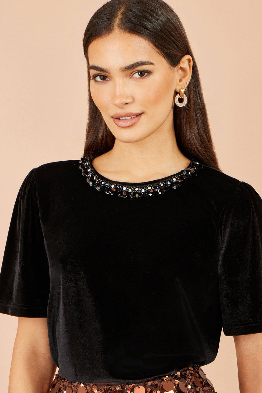 Yumi Black Velvet Embellished Neck Top