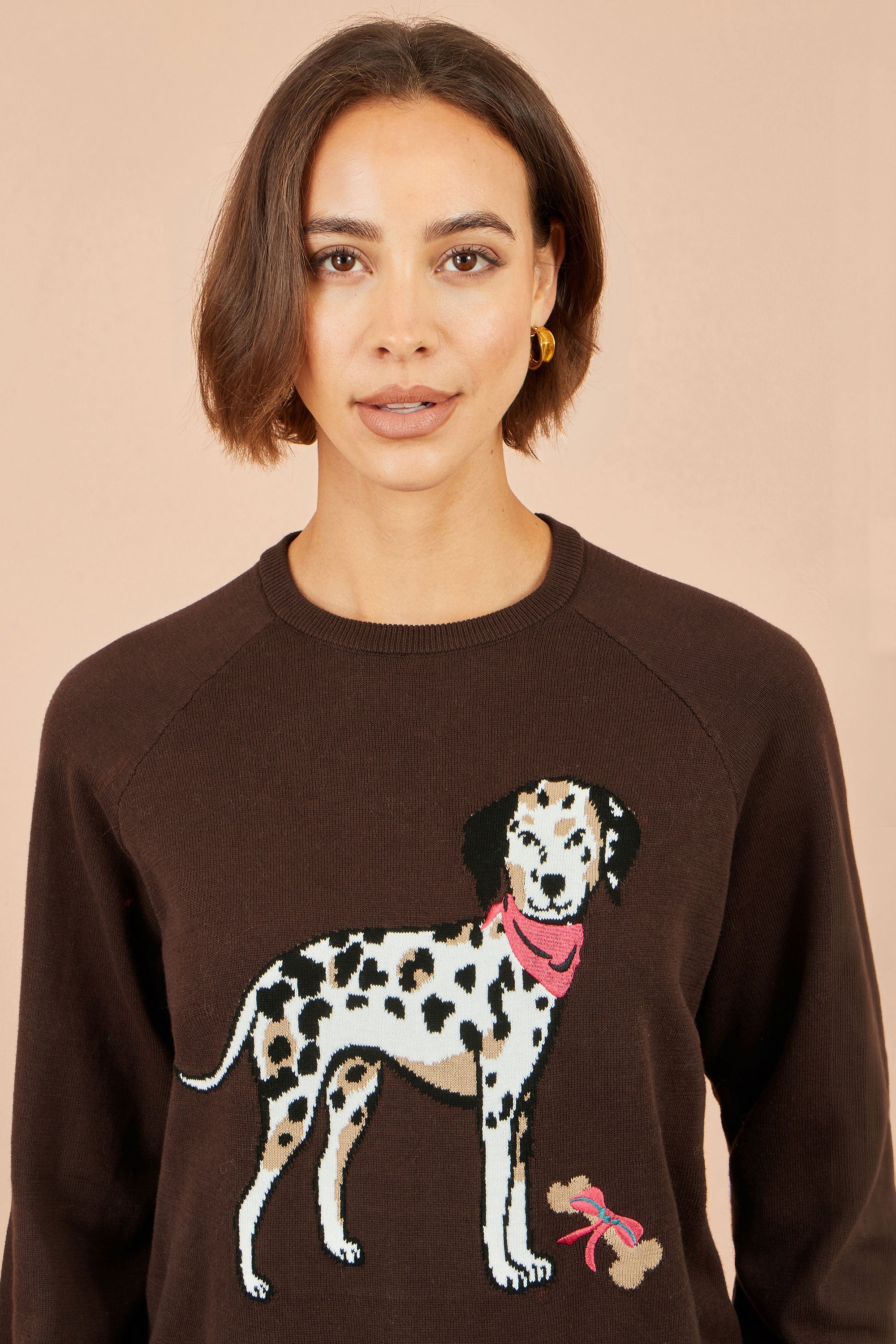 Yumi Brown Dalmatian Intarsia Relaxed Jumper