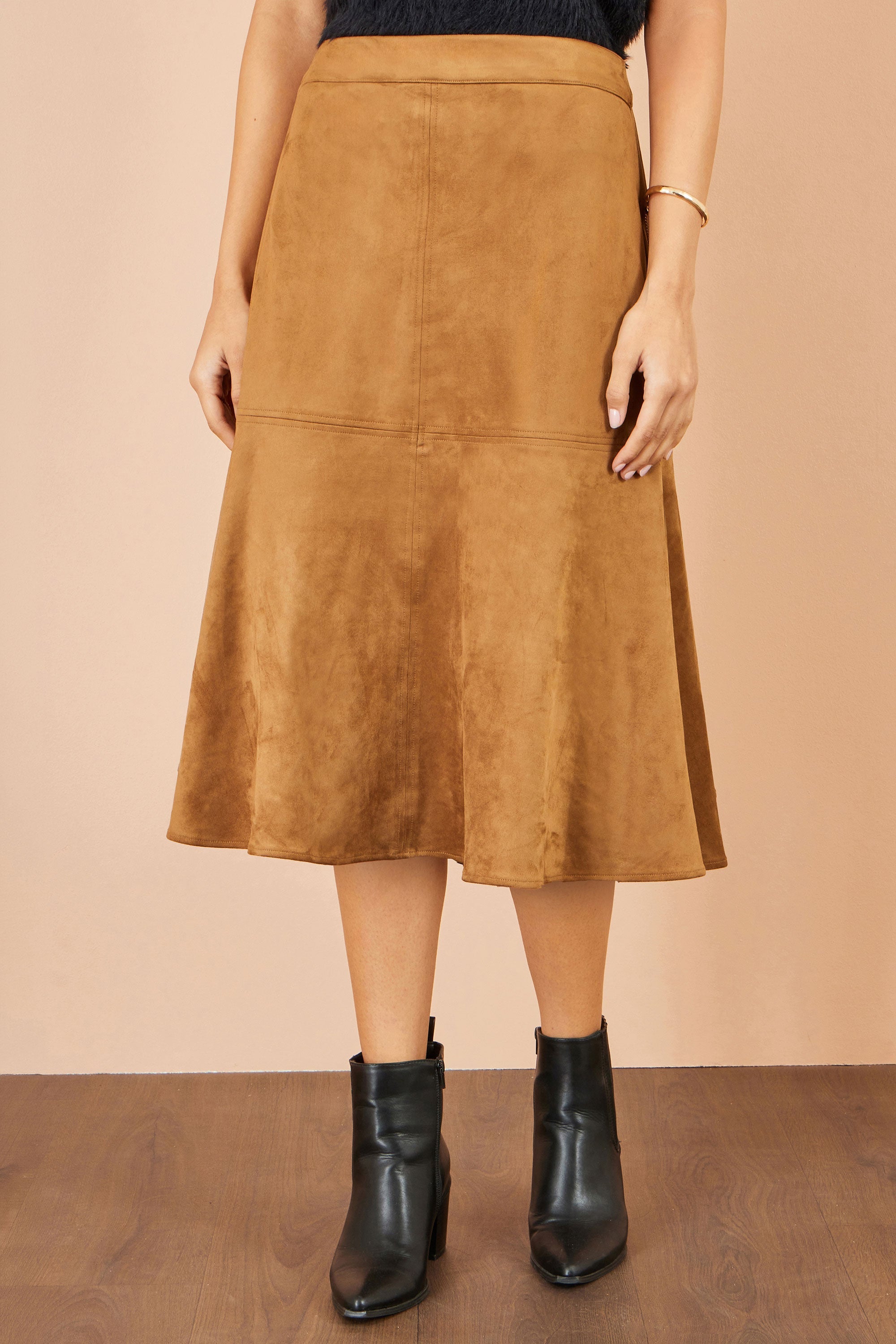 Brown Faux Suede Midi Skirt